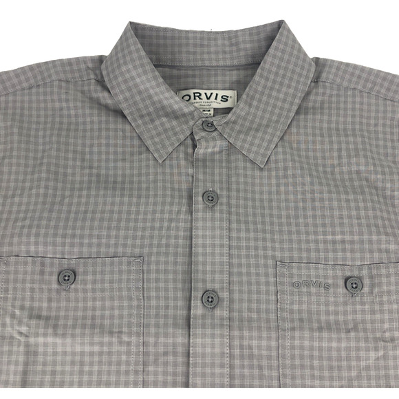Orvis Men's Short Sleeve Button Up Shirt Medium Gray Plaid Chest Pockets NEW - Picture 2 of 13